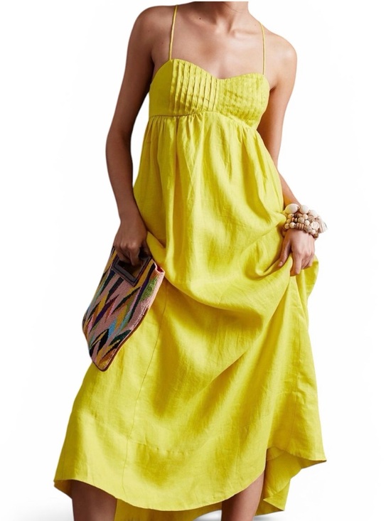 Maeve Dresses & Skirts - Anthro Maeve Yellow Linen Tie Back Maxi Dress XL Pockets